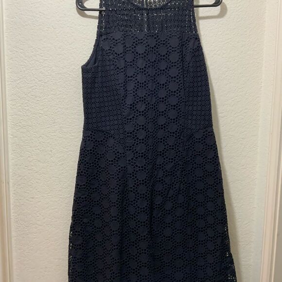 Tory Burch Hallie Eyelet Dress Women's Size 8 Navy Blue A Line Sleeveless Lined - Picture 3 of 9